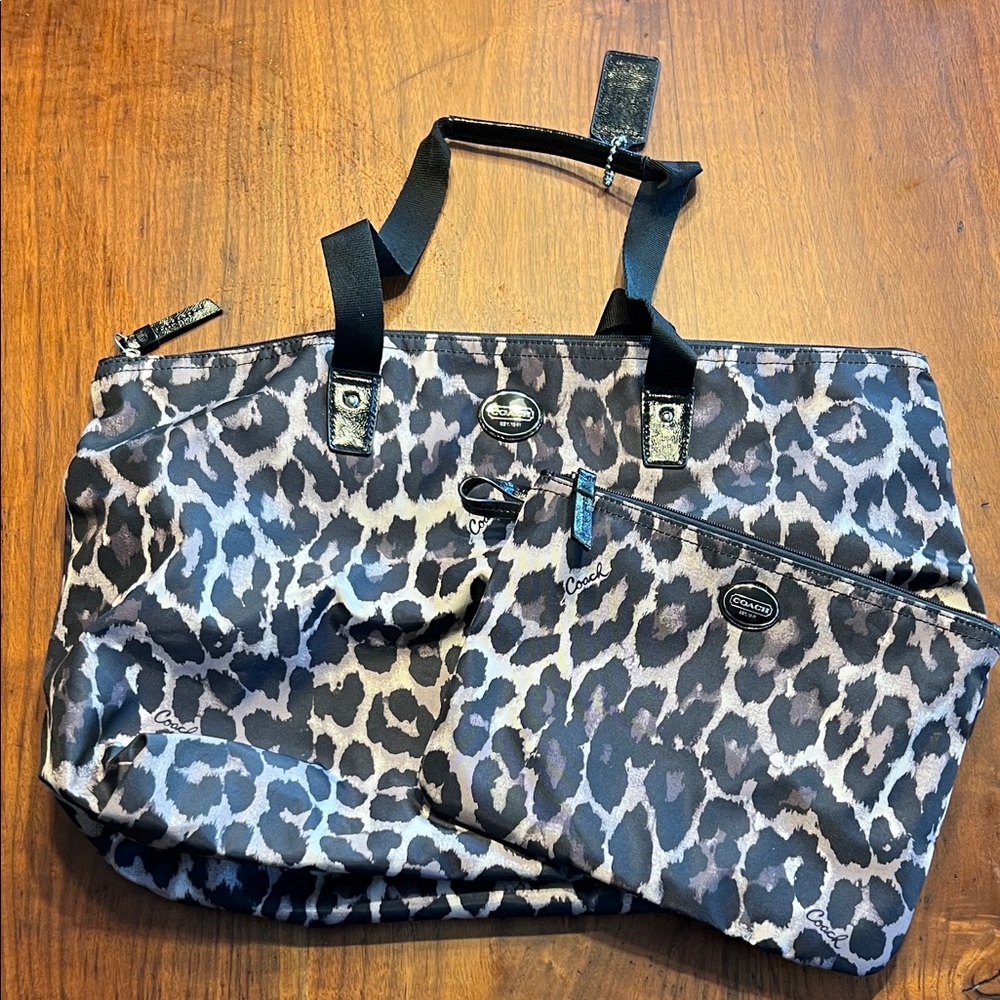 Coach Black and Gray Leopard Print Travel Bag Set